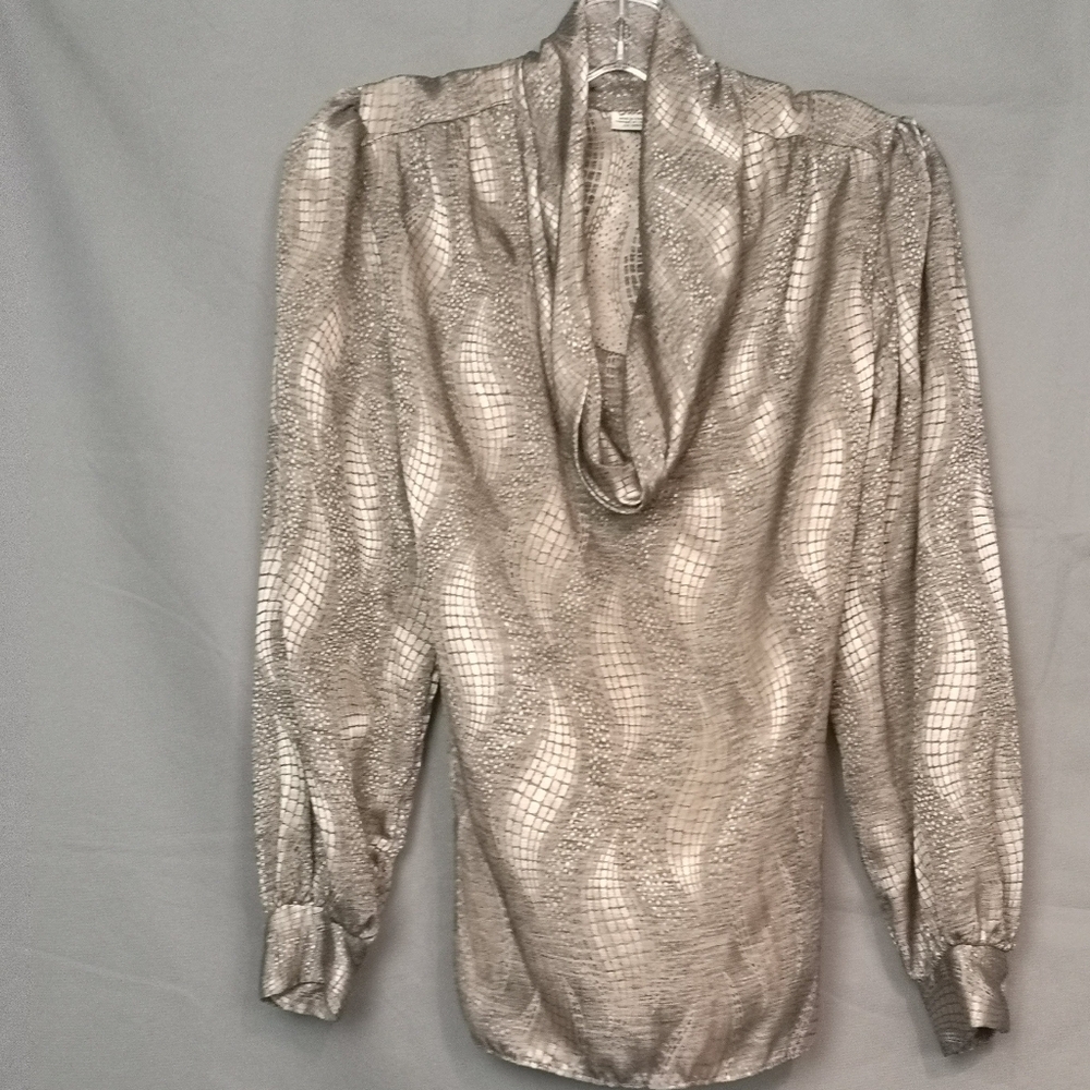 80s Futuristic Metallic SILVER Cowl Neck Blouse